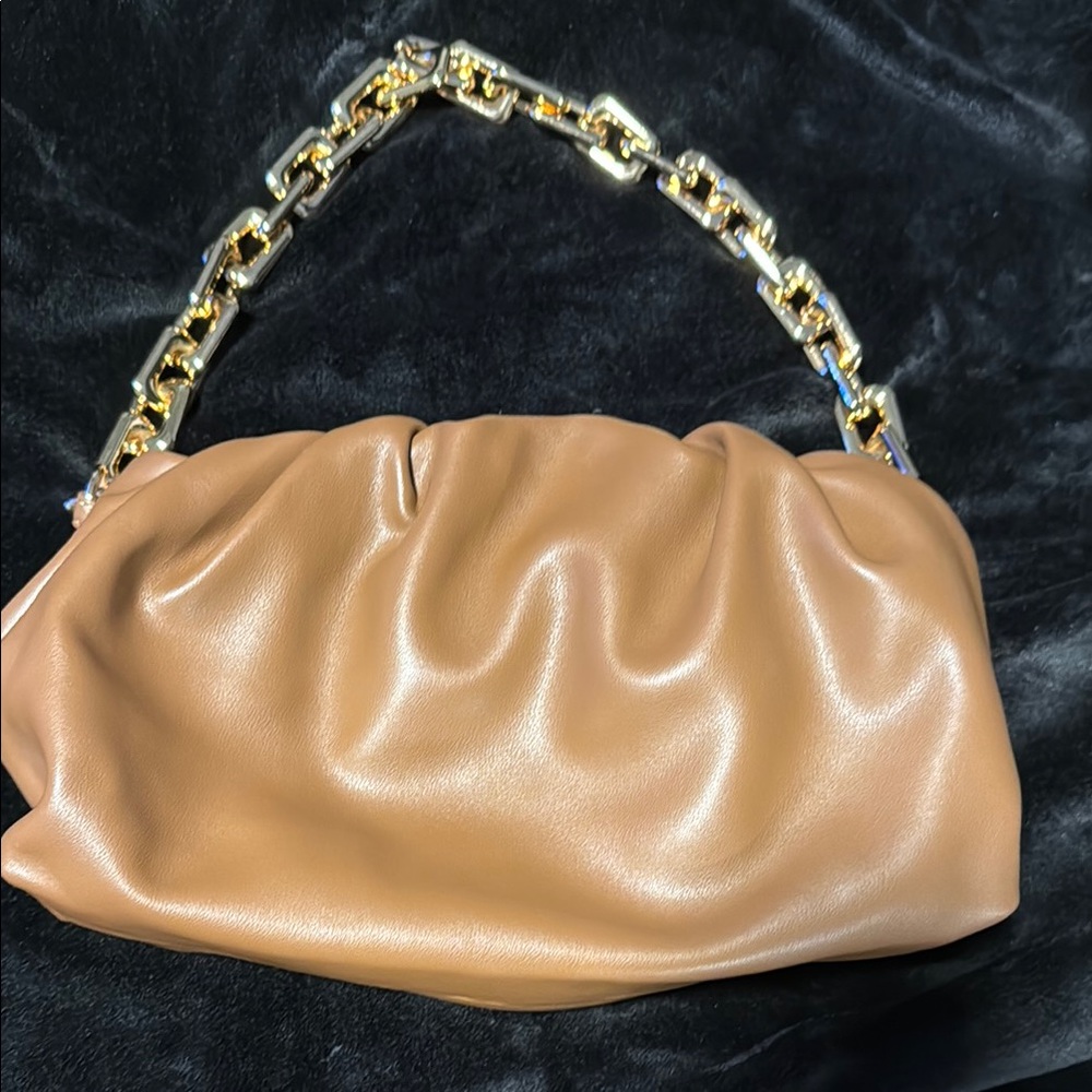 Elegant Tan Leather Bag with Gold Chain